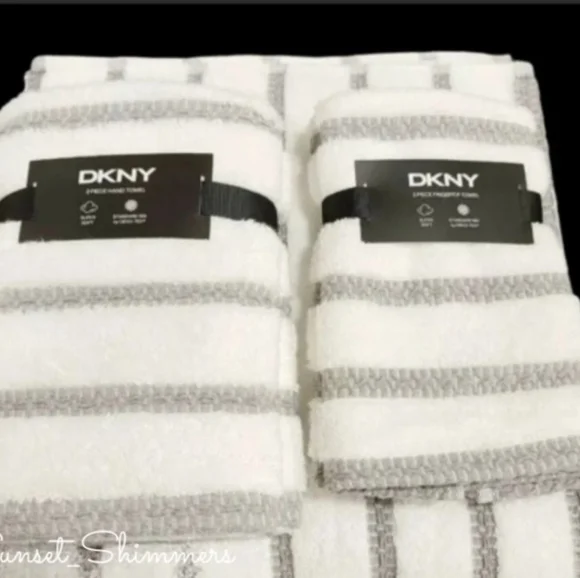 DKNY 6Pc 2 Bath 2 Hand 2 Tip Gray & White Striped 100% Cotton Towel Set New - Picture 2 of 6